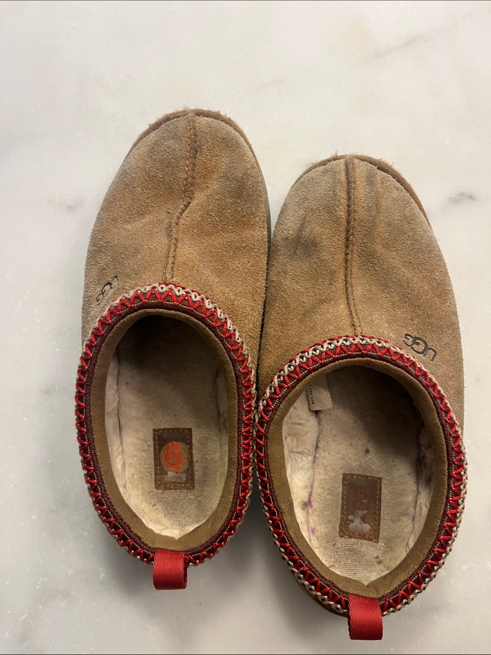 UGG Kids Tan Suede Slip-On Slippers with Red Trim